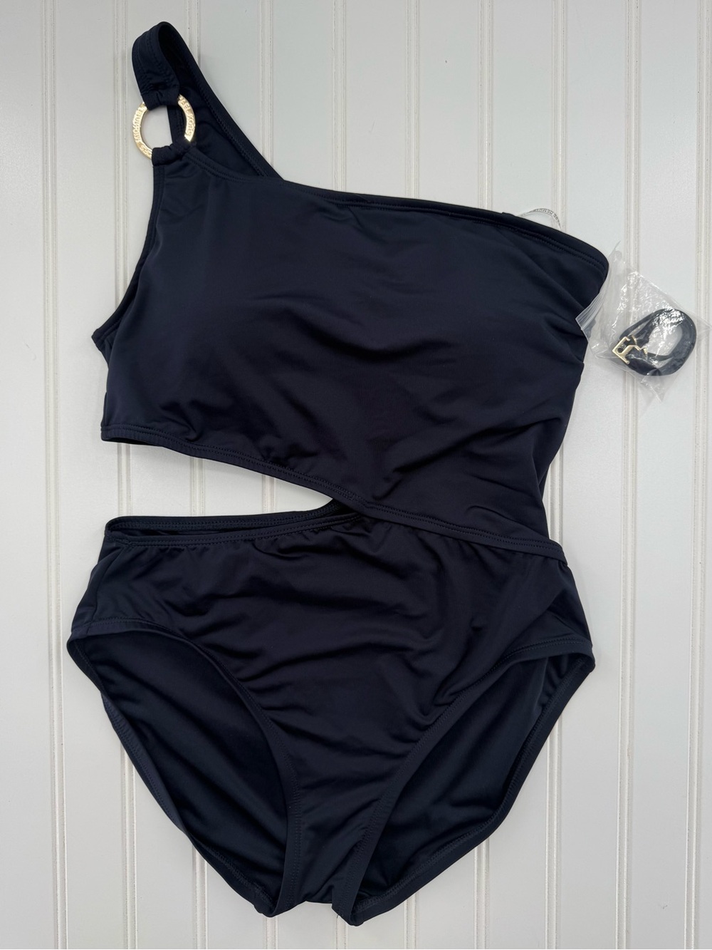 NWOT Michael Kors Navy Blue One Shoulder O-Ring Cut-Out One Piece Swimsuit 10